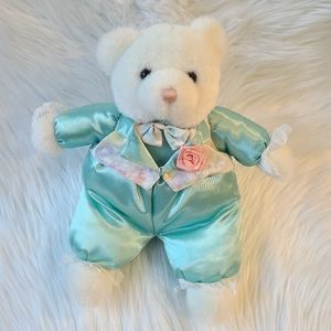 Vtg White Teddy Bear Plush Pastel Satin Blue Lace Ribbon Flower Stuffed Animal